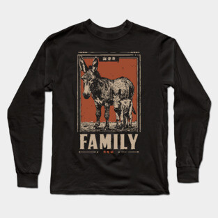 Donkey Family - Rustic Vintage Ukiyo-e Style Long Sleeve T-Shirt