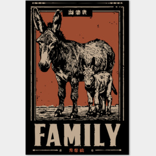 Donkey Family - Rustic Vintage Ukiyo-e Style Posters and Art
