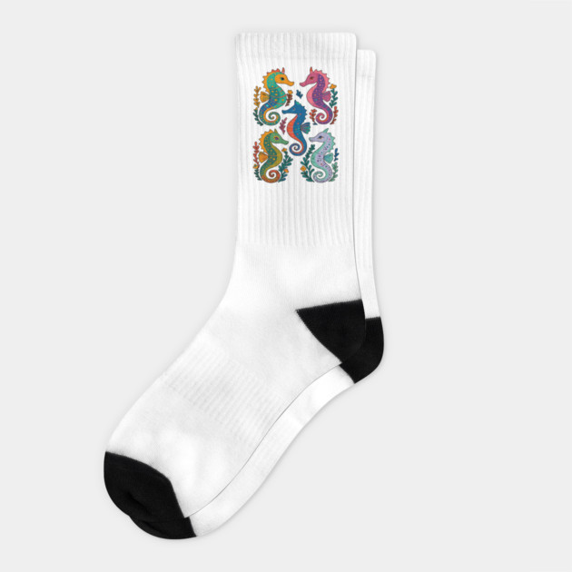 Whimsical Folk Art style Colorful Seahorses design Socks by Luxinda