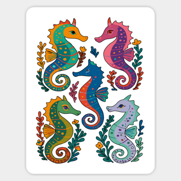 Whimsical Folk Art style Colorful Seahorses design Magnet by Luxinda