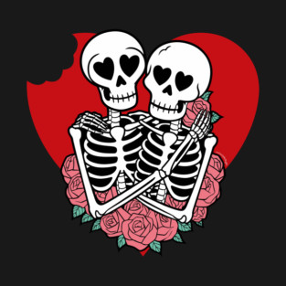 Cannibal Couple Skeletons Heart and Roses T-Shirt