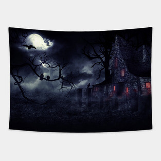 Haunted House and crows Tapestry