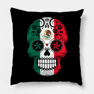 Sugar Skull with Roses and Flag of Mexico Pillow
