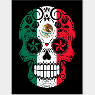 Sugar Skull with Roses and Flag of Mexico Posters and Art
