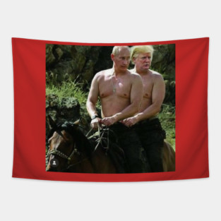 putin and trump shirtless horseback riding together meme Tapestry