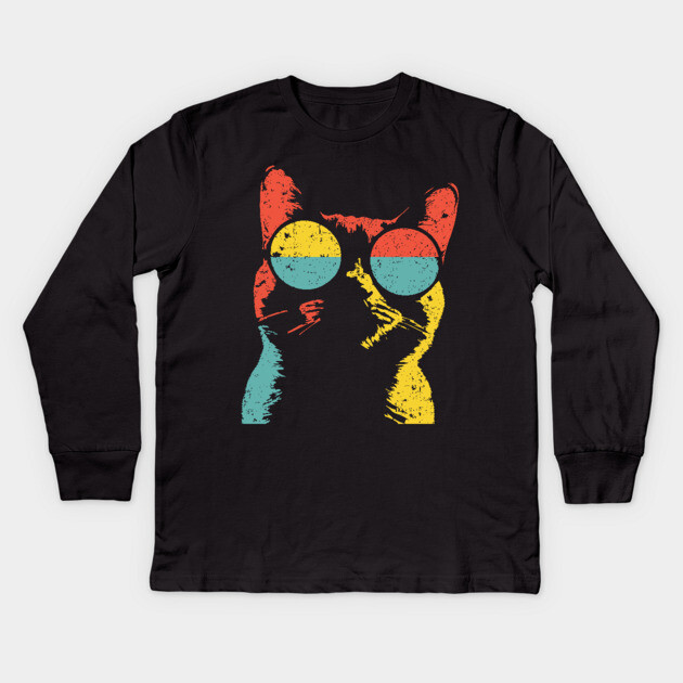 Hippie Cat with Sunglasses – Retro Hipster Feline Design Kids Long Sleeve T-Shirt by TuncGK