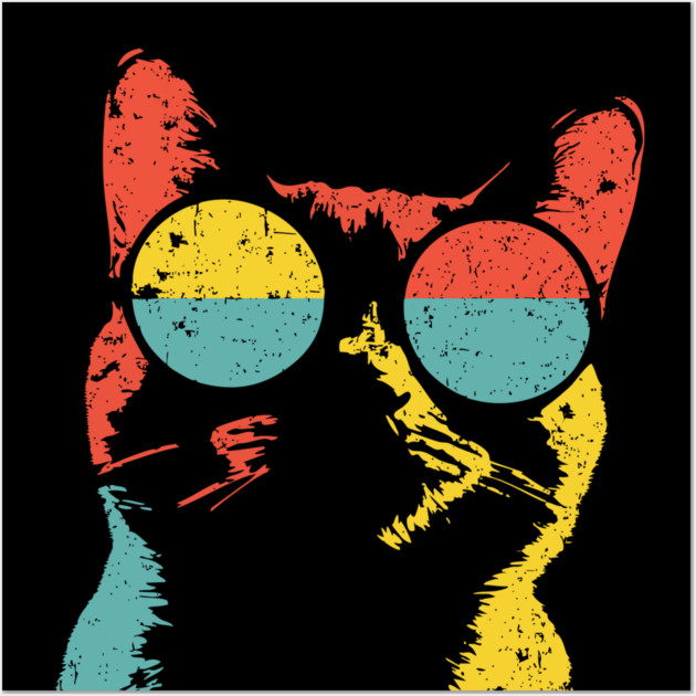 Hippie Cat with Sunglasses – Retro Hipster Feline Design Wall Art by TuncGK
