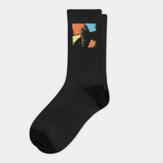Mysterious Retro Cat Silhouette – Vintage Night Feline Art Socks by TuncGK
