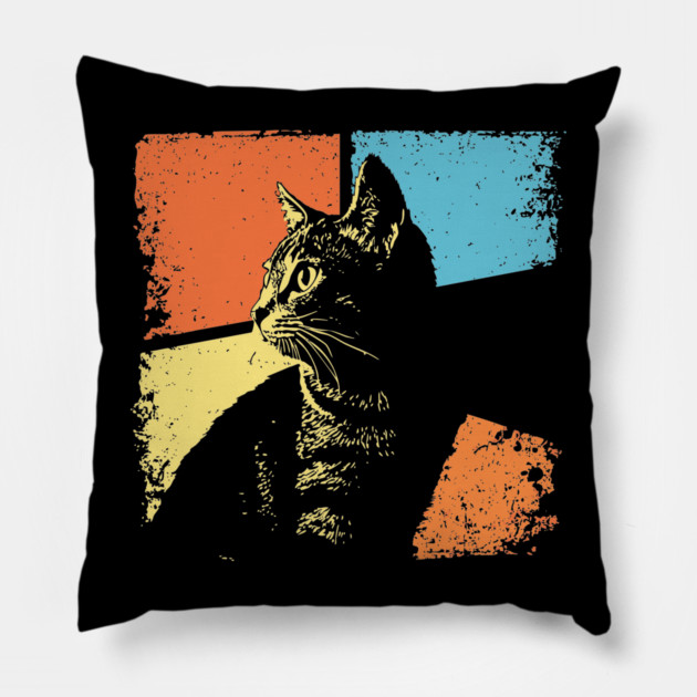 Mysterious Retro Cat Silhouette – Vintage Night Feline Art Pillow by TuncGK