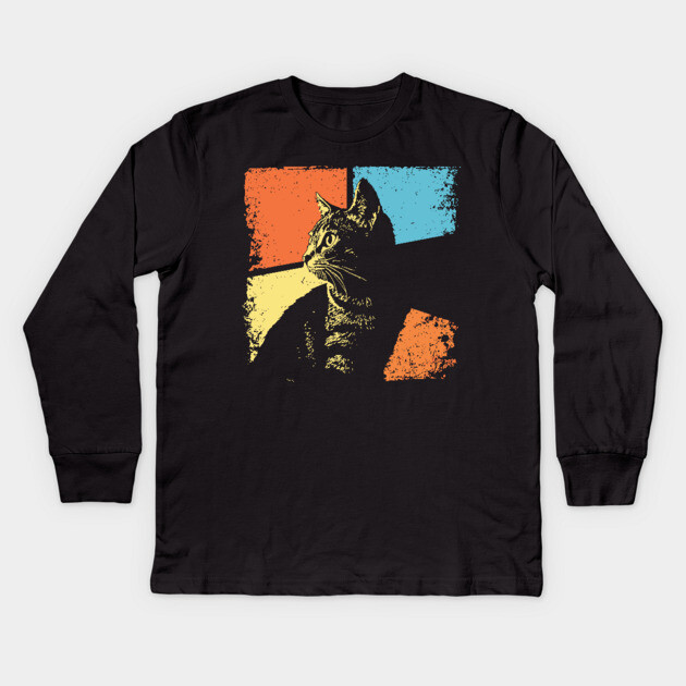 Mysterious Retro Cat Silhouette – Vintage Night Feline Art Kids Long Sleeve T-Shirt by TuncGK