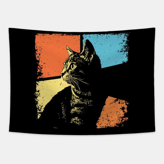 Mysterious Retro Cat Silhouette – Vintage Night Feline Art Tapestry by TuncGK