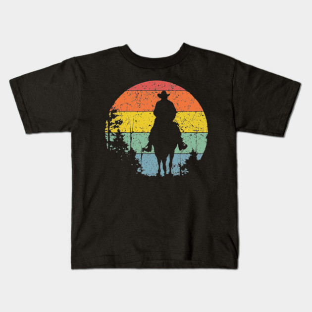 Lone Cowboy Sunset Ride – Retro Western Frontier Art Kids T-Shirt by TuncGK