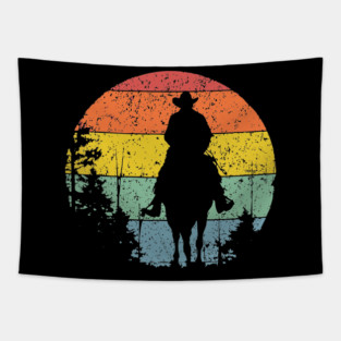 Lone Cowboy Sunset Ride – Retro Western Frontier Art Tapestry