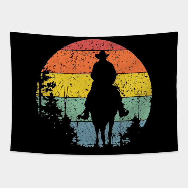 Lone Cowboy Sunset Ride – Retro Western Frontier Art Tapestry by TuncGK