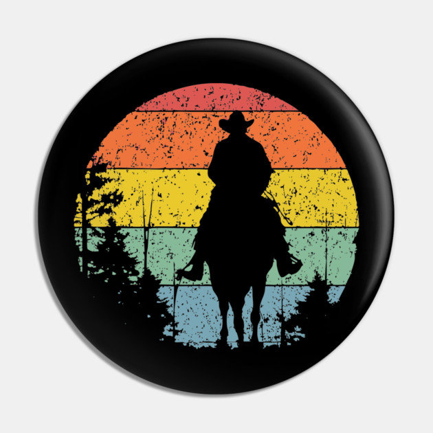 Lone Cowboy Sunset Ride – Retro Western Frontier Art Pin by TuncGK