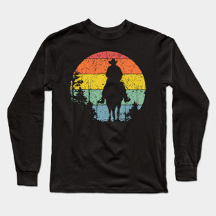 Lone Cowboy Sunset Ride – Retro Western Frontier Art Long Sleeve T-Shirt