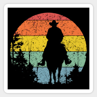 Lone Cowboy Sunset Ride – Retro Western Frontier Art Sticker