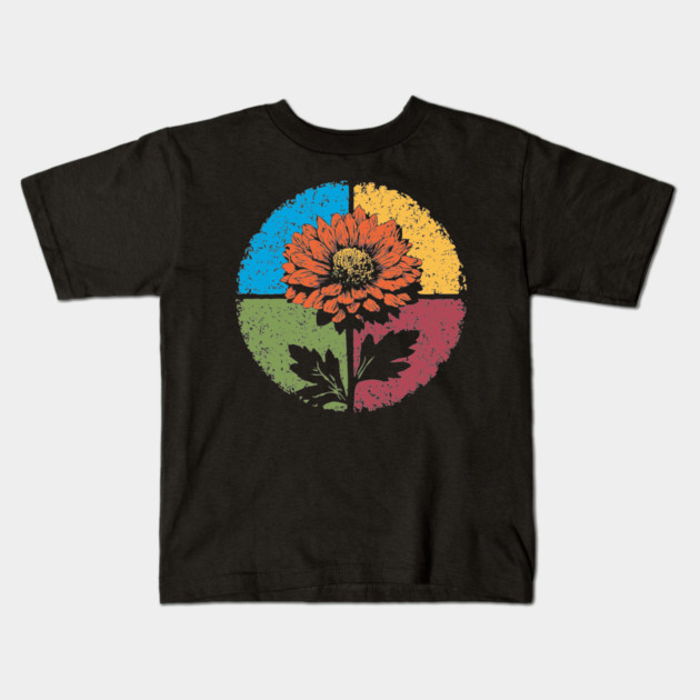Moody Retro Chrysanthemum – Vintage Floral Circle Design Kids T-Shirt by TuncGK