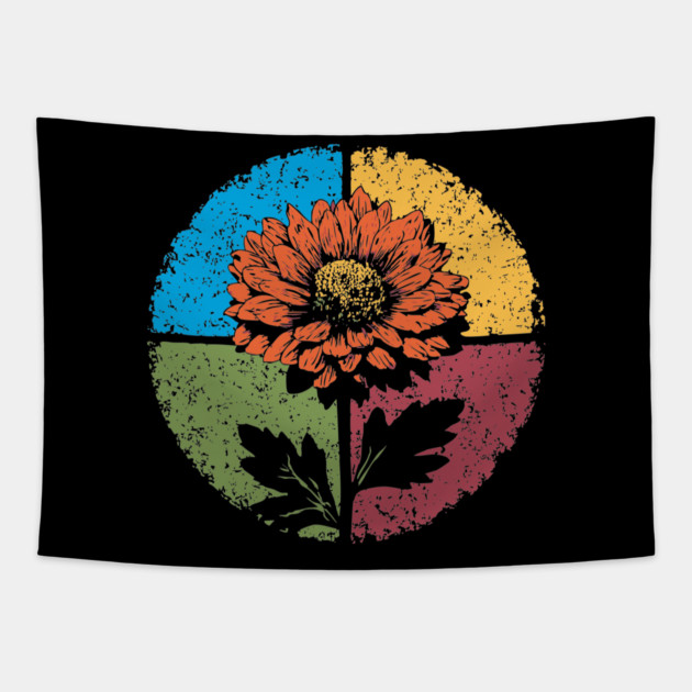 Moody Retro Chrysanthemum – Vintage Floral Circle Design Tapestry by TuncGK