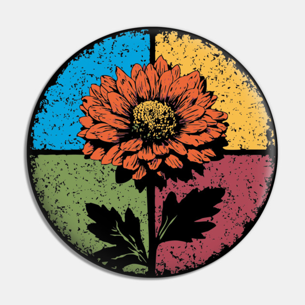 Moody Retro Chrysanthemum – Vintage Floral Circle Design Pin by TuncGK
