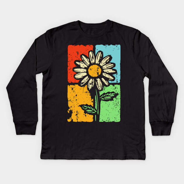Retro Daisy Shirt Art – Groovy Vintage Flower Graphic Kids Long Sleeve T-Shirt by TuncGK