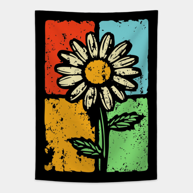 Retro Daisy Shirt Art – Groovy Vintage Flower Graphic Tapestry by TuncGK