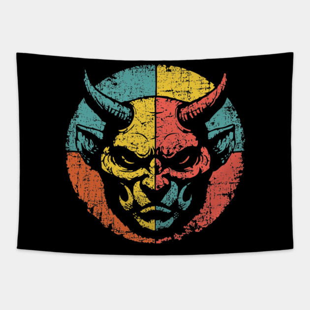 Retro Demon Face – Vintage Horror Grunge Monster Art Tapestry by TuncGK