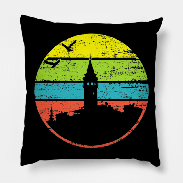 Galata Tower Sunset – Retro Istanbul Landmark Art Pillow by TuncGK