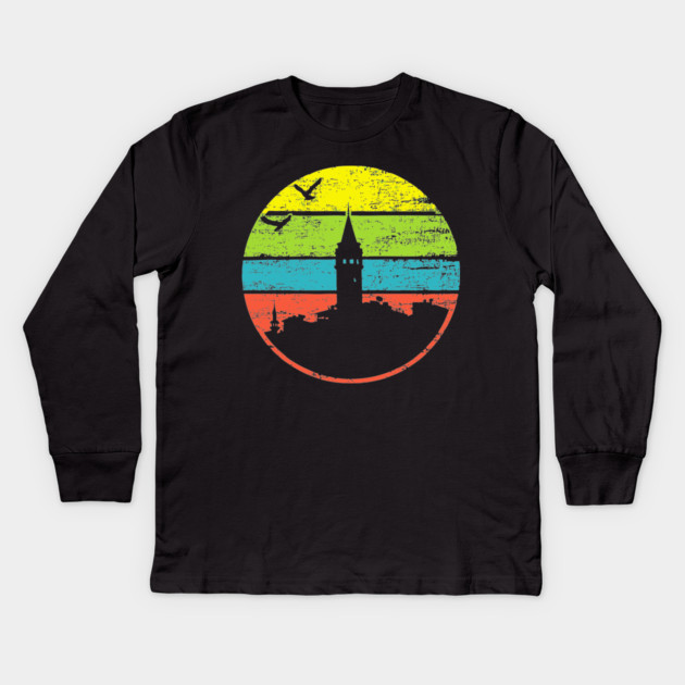 Galata Tower Sunset – Retro Istanbul Landmark Art Kids Long Sleeve T-Shirt by TuncGK