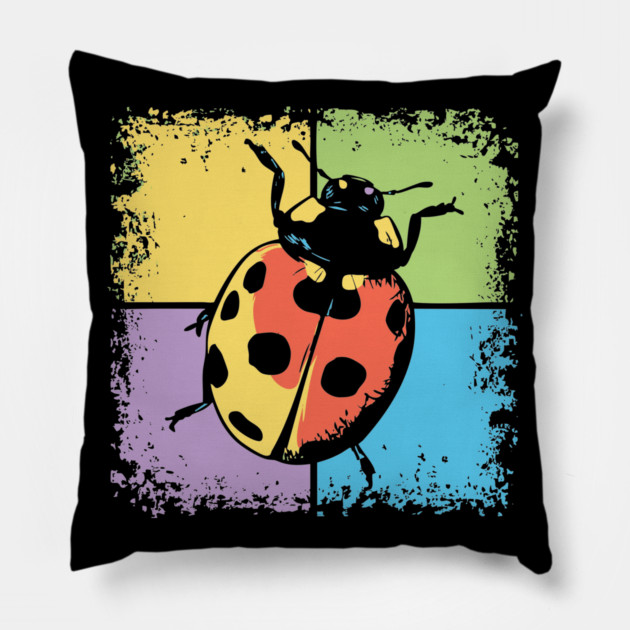 Retro Ladybug on Blue – Whimsical Bug Art in Vintage Style Pillow by TuncGK