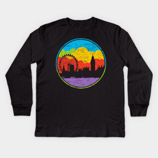 Retro London Skyline – Colorful Cityscape Vintage Art Kids Long Sleeve T-Shirt