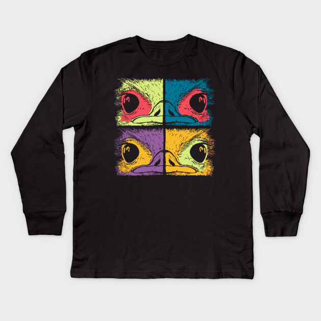 Mosaic Ostrich Head – Retro Geometric Wildlife Art Kids Long Sleeve T-Shirt by TuncGK