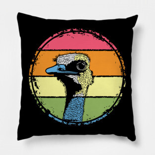 Retro Ostrich Headshot – Quirky Bird Portrait in Vintage Style Pillow