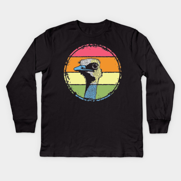 Retro Ostrich Headshot – Quirky Bird Portrait in Vintage Style Kids Long Sleeve T-Shirt by TuncGK