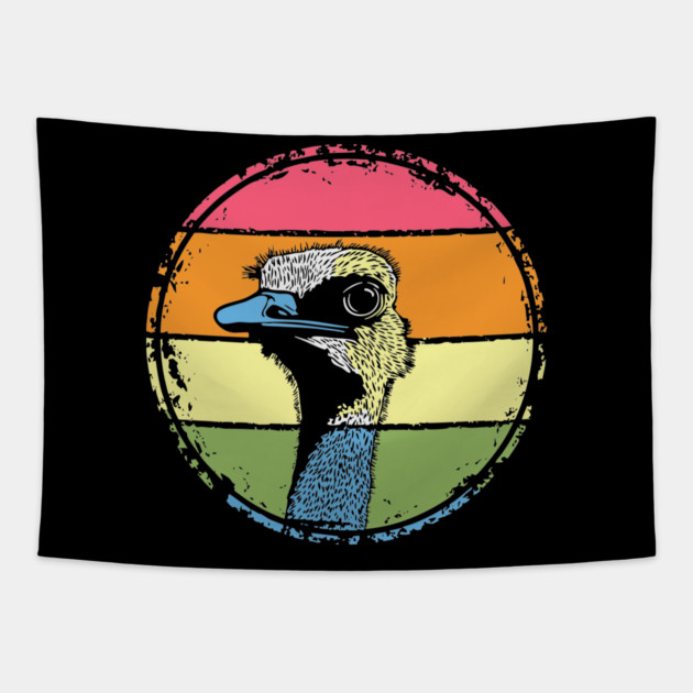 Retro Ostrich Headshot – Quirky Bird Portrait in Vintage Style Tapestry by TuncGK