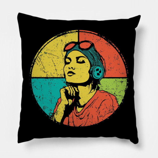 Retro Pilot Woman – Vintage Female Aviator Portrait Pillow by TuncGK