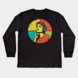 Retro Pilot Woman – Vintage Female Aviator Portrait Kids Long Sleeve T-Shirt