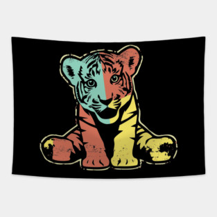 Retro Tiger Cub – Vintage Baby Jungle Cat Illustration Tapestry