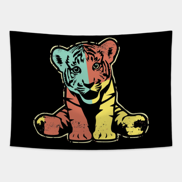 Retro Tiger Cub – Vintage Baby Jungle Cat Illustration Tapestry by TuncGK