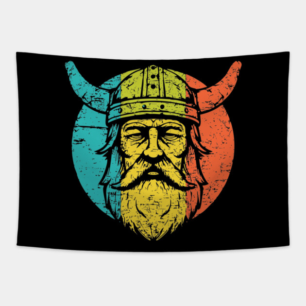 Retro Viking Warrior – Norse Mythology-Inspired Design Tapestry by TuncGK