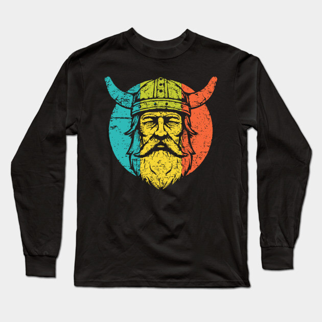 Retro Viking Warrior – Norse Mythology-Inspired Design Long Sleeve T-Shirt by TuncGK