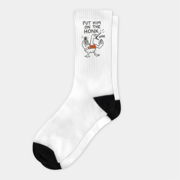 Put Him on the Honk – Angry Goose with Phone Meme Design Socks by Designed By Marty