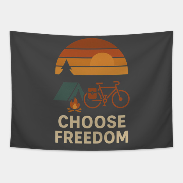 Choose Freedom – Retro Bikepacking & Camping Adventure Shirt Tapestry by Hobby Helpers Merch