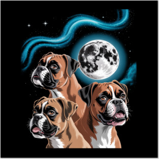 Three German Boxer Moon Funny Howling Canine Dog Meme Posters and Art
