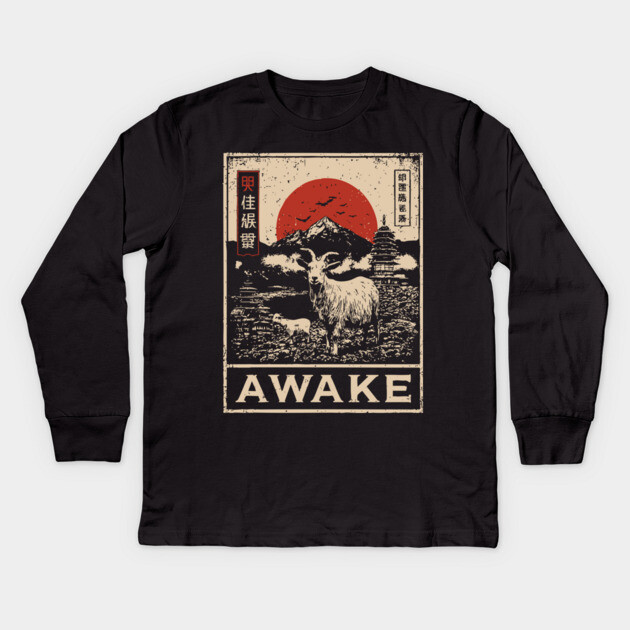 Awake Himalayan - Mystical Mountain Yak Japanese Art Style Kids Long Sleeve T-Shirt by TuncGK