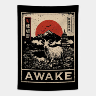 Awake Himalayan - Mystical Mountain Yak Japanese Art Style Tapestry