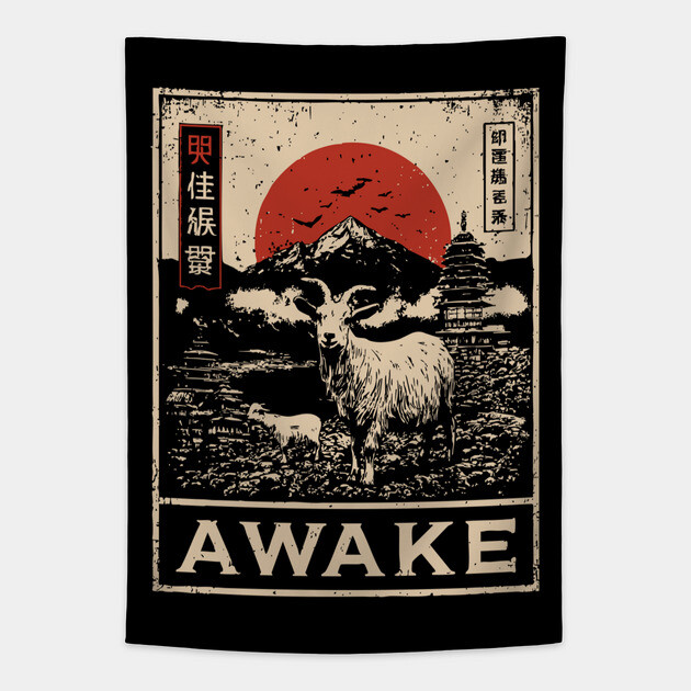 Awake Himalayan - Mystical Mountain Yak Japanese Art Style Tapestry by TuncGK