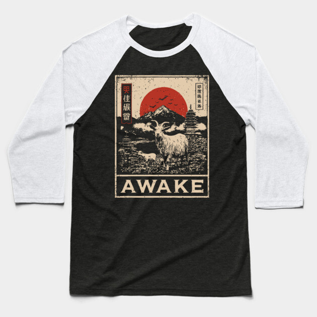 Awake Himalayan - Mystical Mountain Yak Japanese Art Style Baseball T-Shirt by TuncGK
