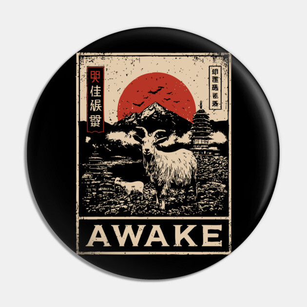 Awake Himalayan - Mystical Mountain Yak Japanese Art Style Pin by TuncGK