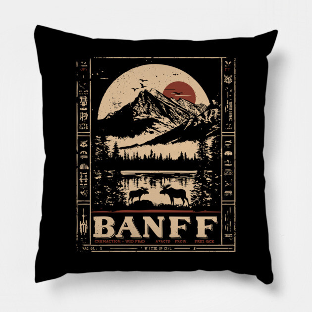 Banff National Park - Japanese-Inspired Mountain Landscape Art Pillow by TuncGK